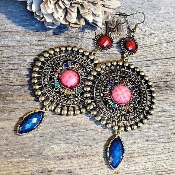 Vintage Neo Victorian Glam Long Faux Stone Dangle Earrings - Picture 1 of 8